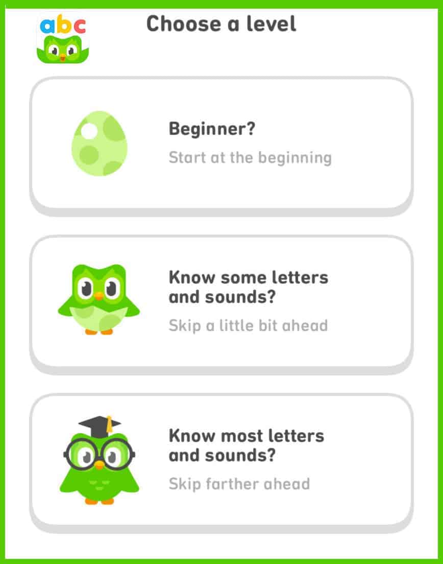 Aplicación de alfabetización Duolingo ABC para niños de 3 a 7 años